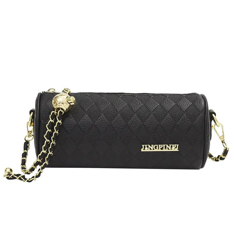 Polyester PU Cylindrical Suitcase Messenger Bag with Chain and Pockets - Black