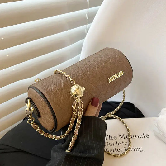Polyester PU Cylindrical Suitcase Messenger Bag with Chain and Pockets