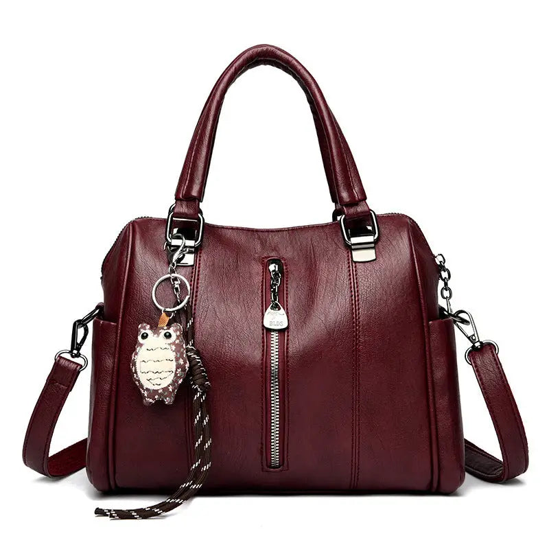 Polyester PU Suitcase Handbag in Multiple Colors with Sewing Thread - Wine Red