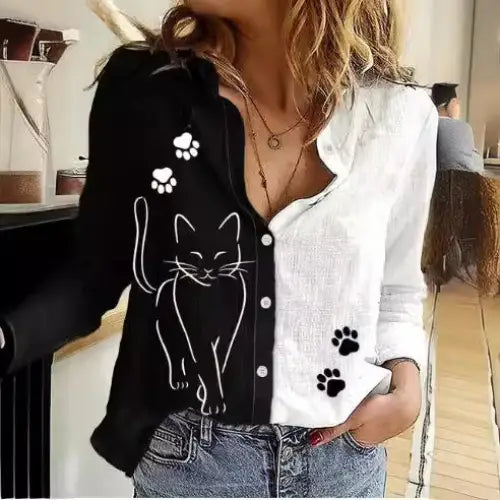 Black and white cat-themed button-down shirt.