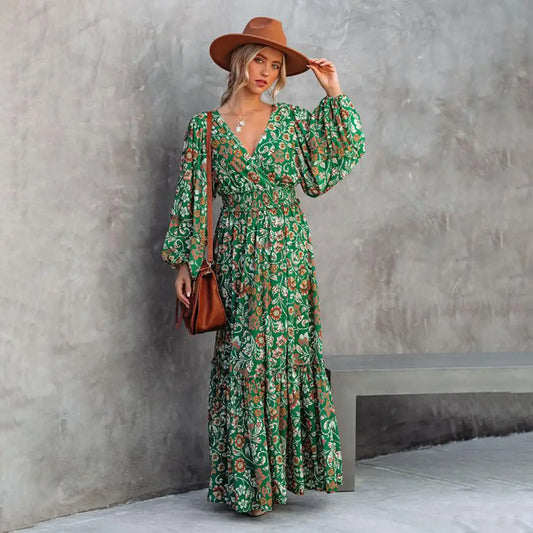 Printed Lantern V-Neck Dress - 4