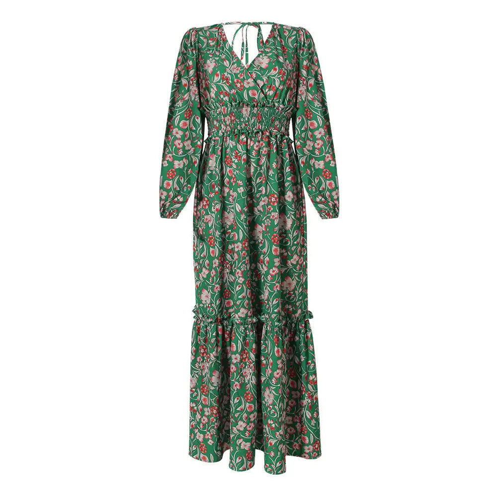Printed Lantern V-Neck Dress - 4