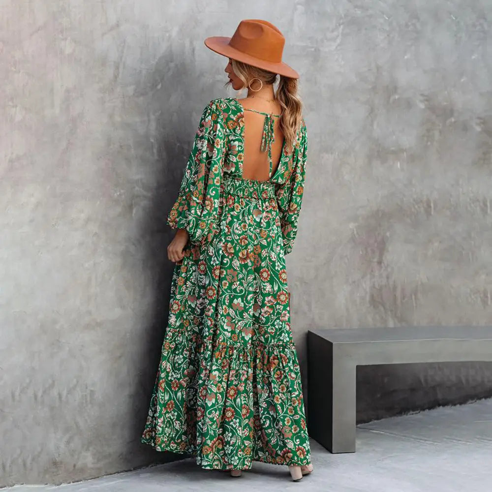 Printed Lantern V-Neck Dress - 4