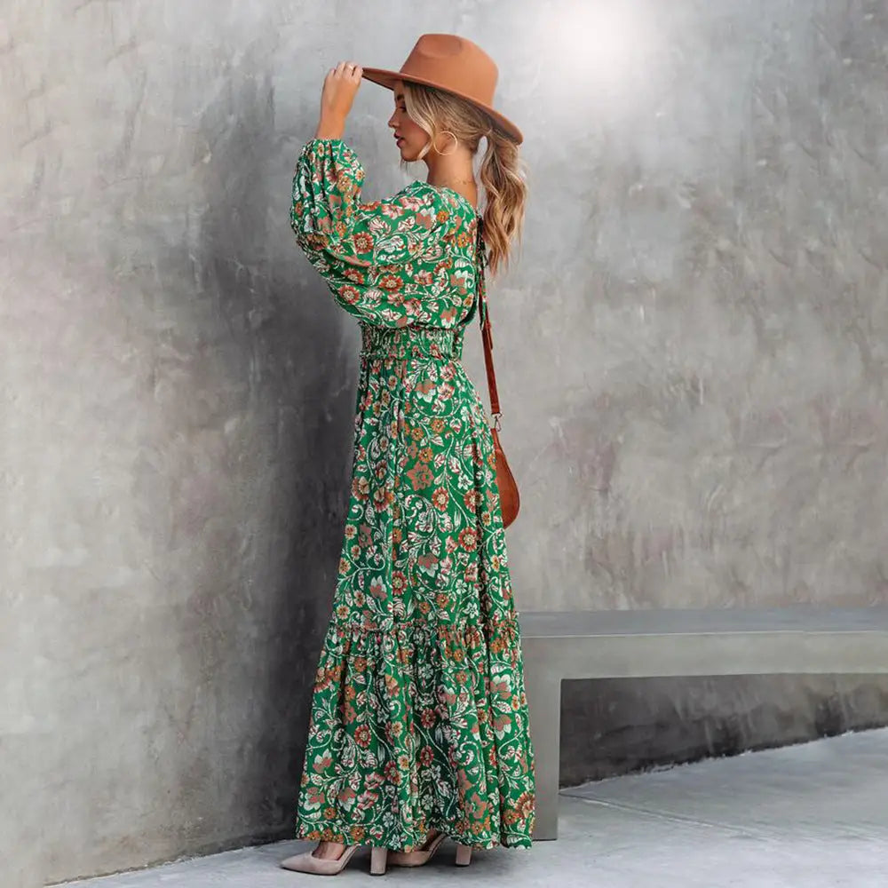 Printed Lantern V-Neck Dress - 4