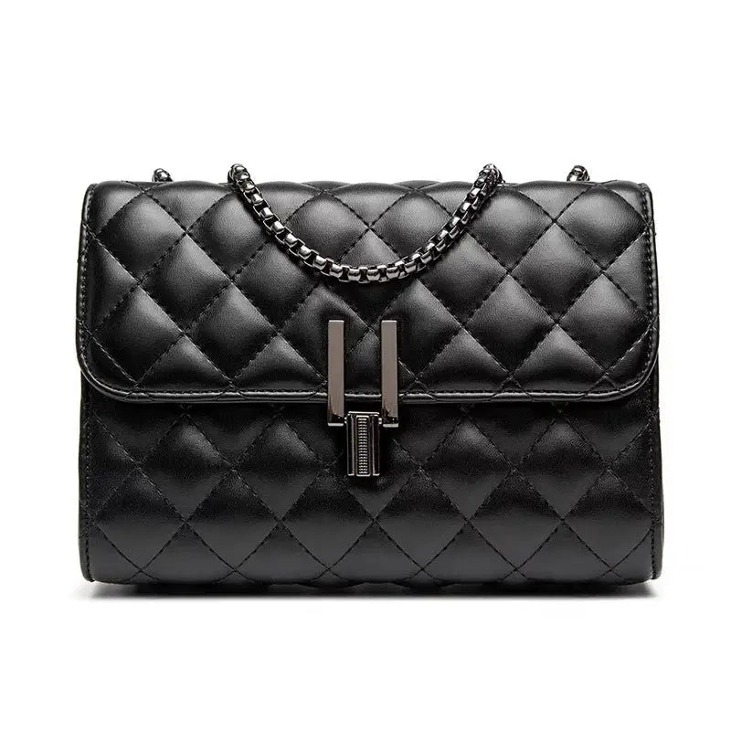 PU Diamond Grid Chain Lock Square Flap Bag with Internal Zipper Compartments - Black
