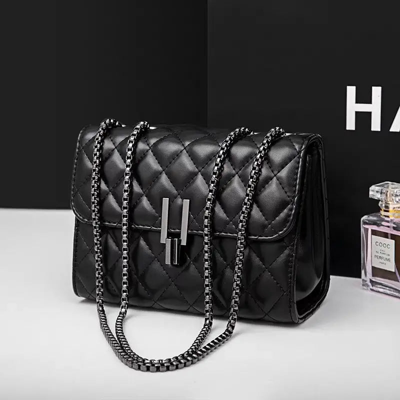 PU Diamond Grid Chain Lock Square Flap Bag with Internal Zipper Compartments - Black