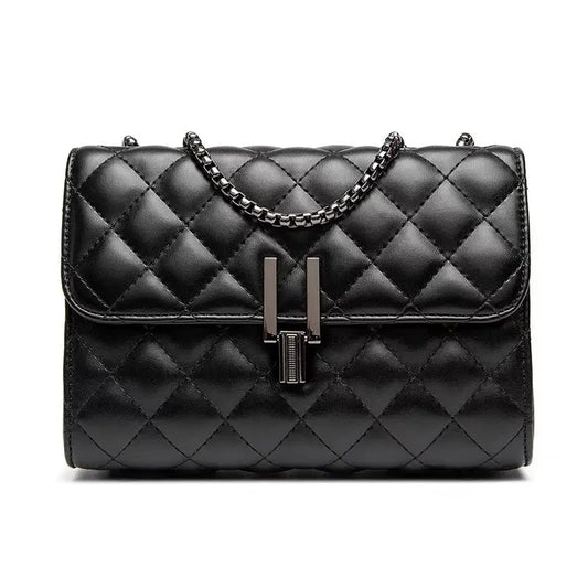 PU Diamond Grid Chain Lock Square Flap Bag with Internal Zipper Compartments - Black