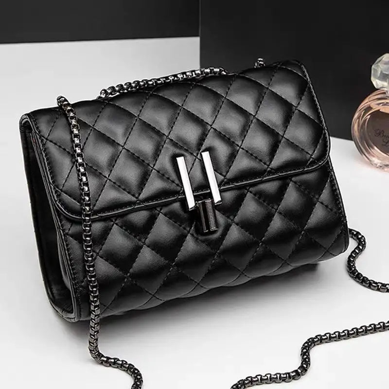 PU Diamond Grid Chain Lock Square Flap Bag with Internal Zipper Compartments - Black