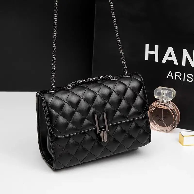 PU Diamond Grid Chain Lock Square Flap Bag with Internal Zipper Compartments - Black