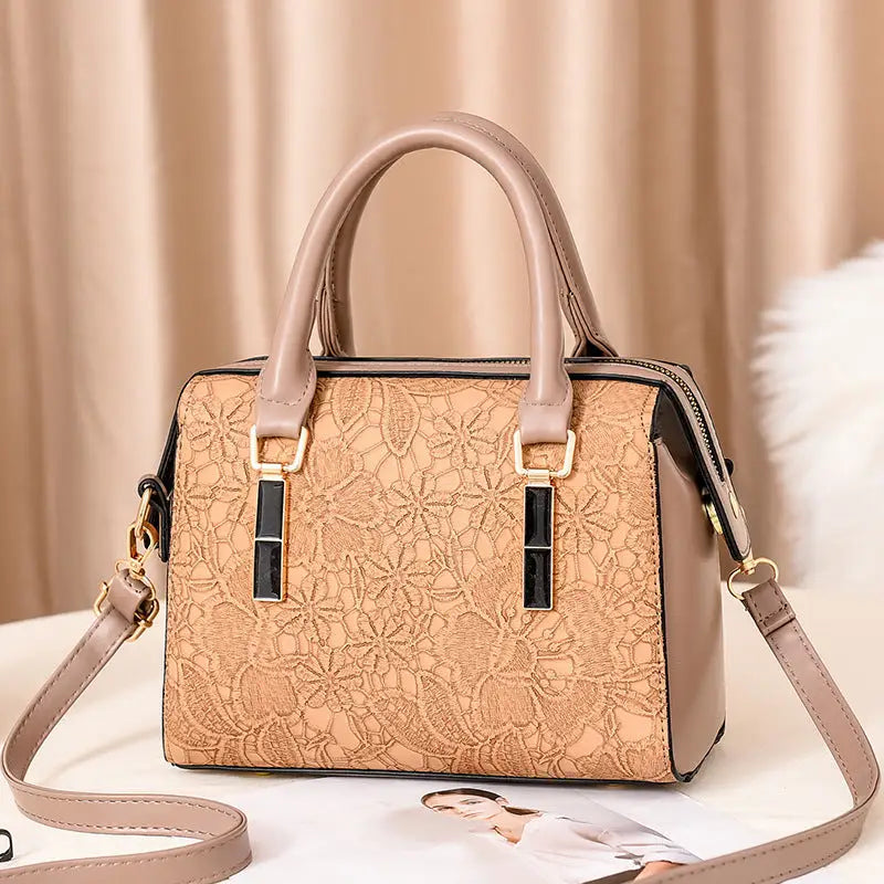 PU Embossed Solid Color Womens Handbag Multiple Color Options - Khaki