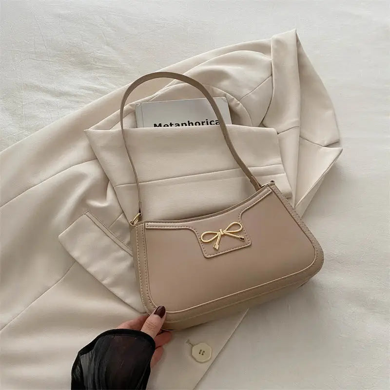 PU Leather Bow Accent Handbag in Multiple Colors - Khaki / 24X14X5