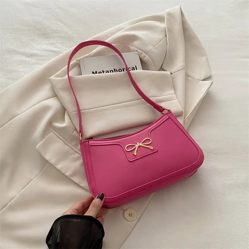 PU Leather Bow Accent Handbag in Multiple Colors - Rose Pink / 24X14X5