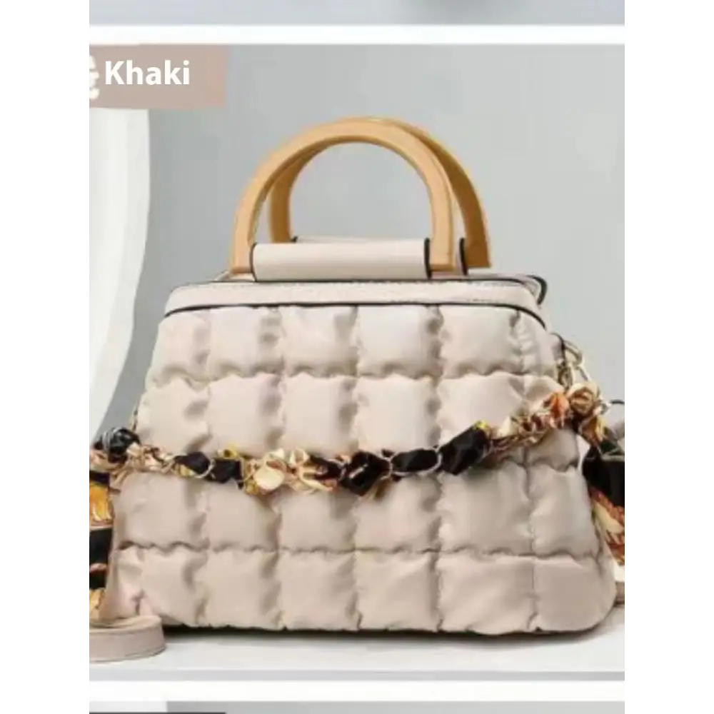 PU Leather Bucket Suitcase Bag with Internal Zipper and Multiple Colors - Light Khaki / Length 25 Width 12 Height 17