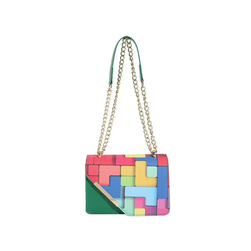 PU Leather Crossbody Bag with Chain and Outer Pocket 20x14x7 cm