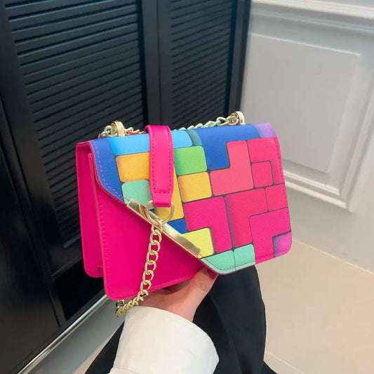 PU Leather Crossbody Bag with Chain and Outer Pocket 20x14x7 cm