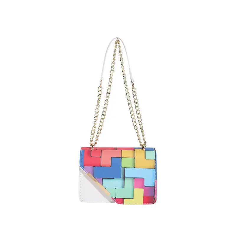 PU Leather Crossbody Bag with Chain and Outer Pocket 20x14x7 cm - White