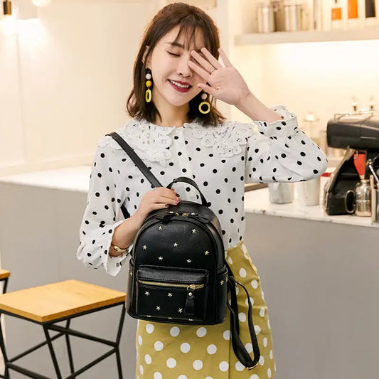 PU Leather Double Shoulder Bag with Rivet Accents and Three Dimensional Pocket