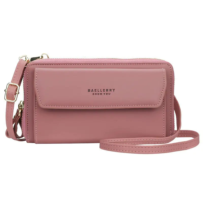 PU Leather Horizontal Square Bag with Zipper Buckle and Soft Finish - Dark Pink - 7