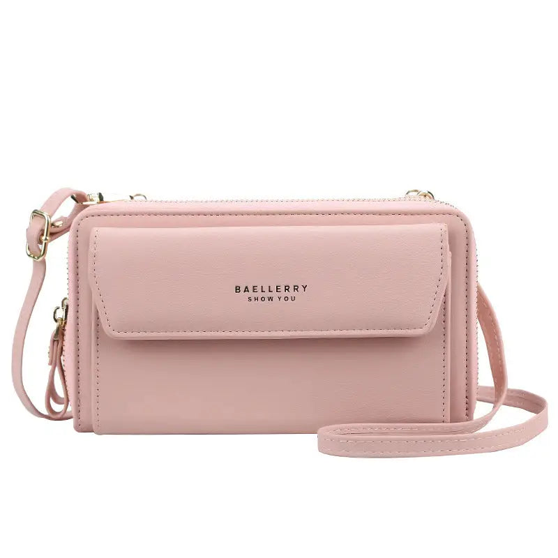 PU Leather Horizontal Square Bag with Zipper Buckle and Soft Finish - Light Pink - 7
