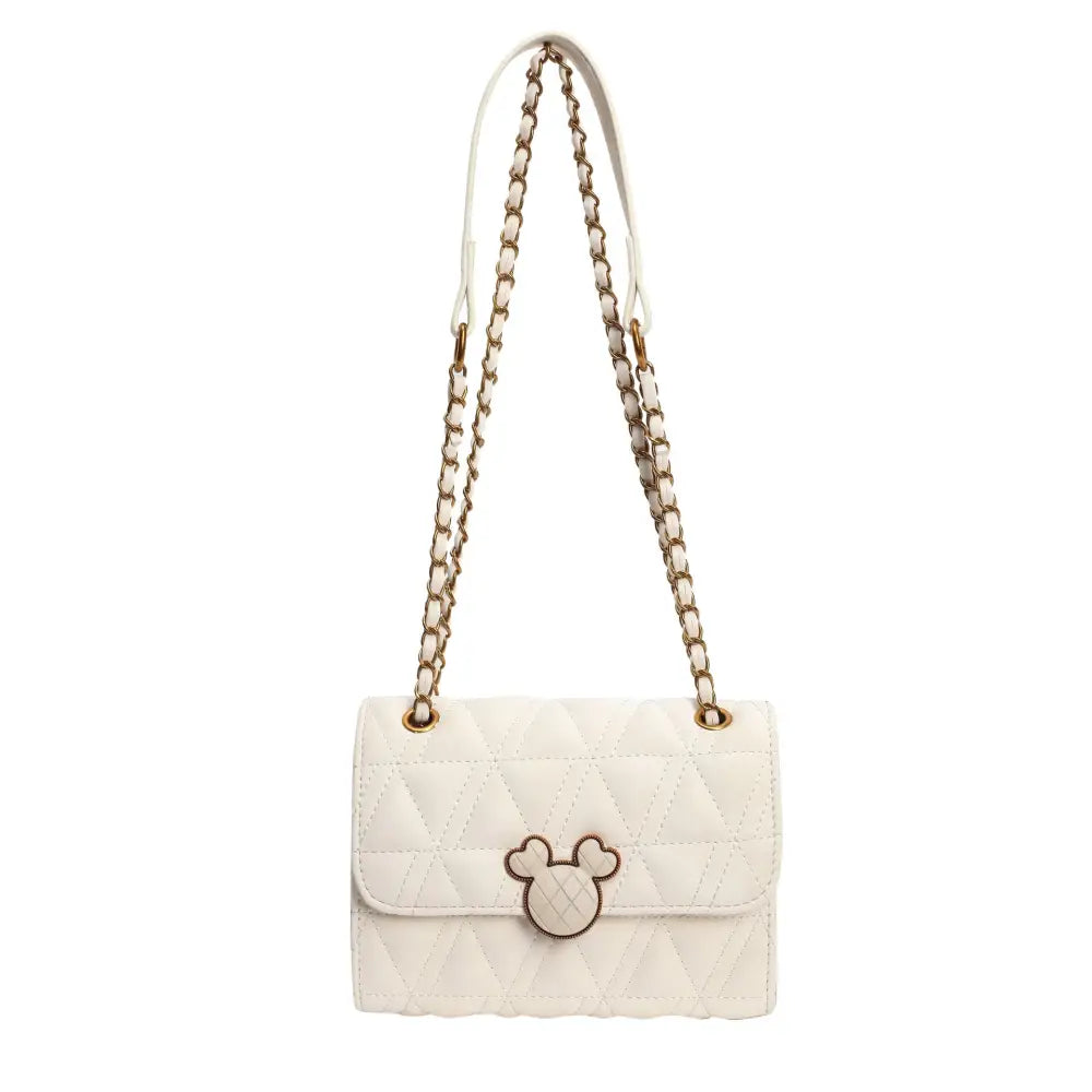 PU Leather Horizontal Square Crossbody Bag with Lock and Diamond Mesh Design - OFF White