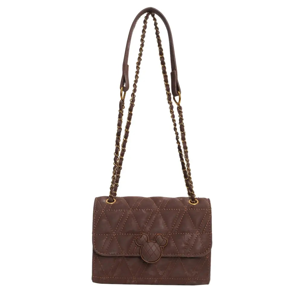 PU Leather Horizontal Square Crossbody Bag with Lock and Diamond Mesh Design - Brown