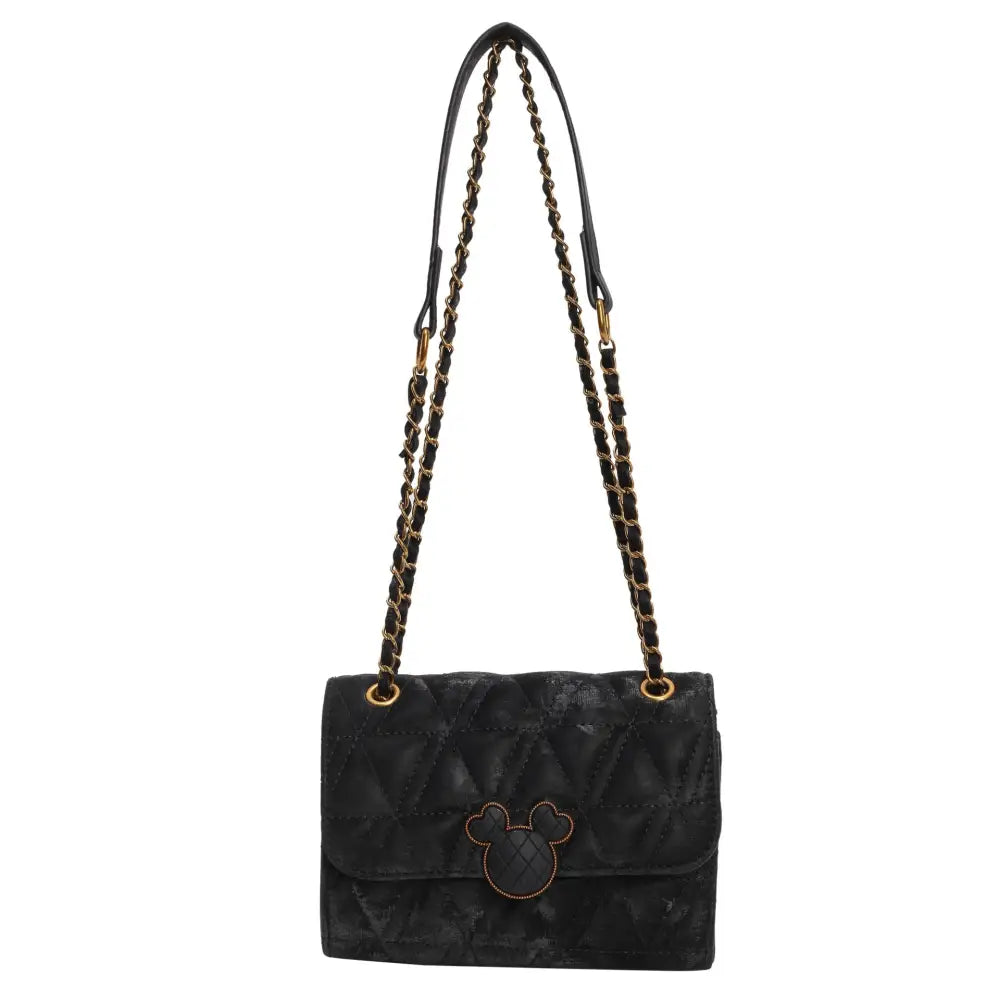 PU Leather Horizontal Square Crossbody Bag with Lock and Diamond Mesh Design - Black