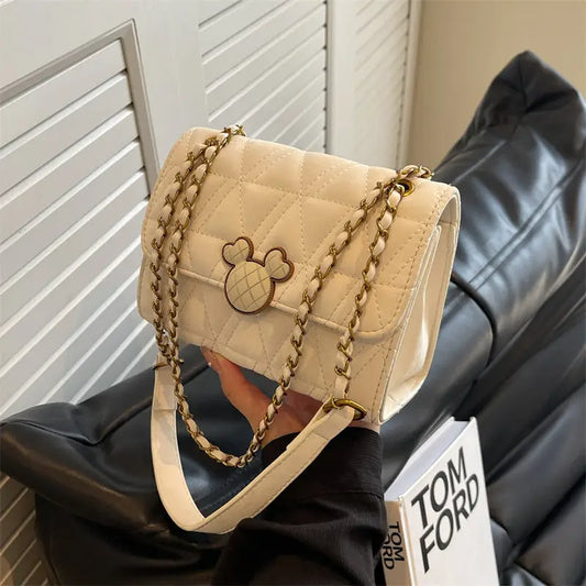 PU Leather Horizontal Square Crossbody Bag with Lock and Diamond Mesh Design