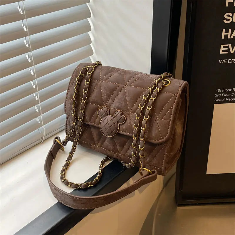 PU Leather Horizontal Square Crossbody Bag with Lock and Diamond Mesh Design