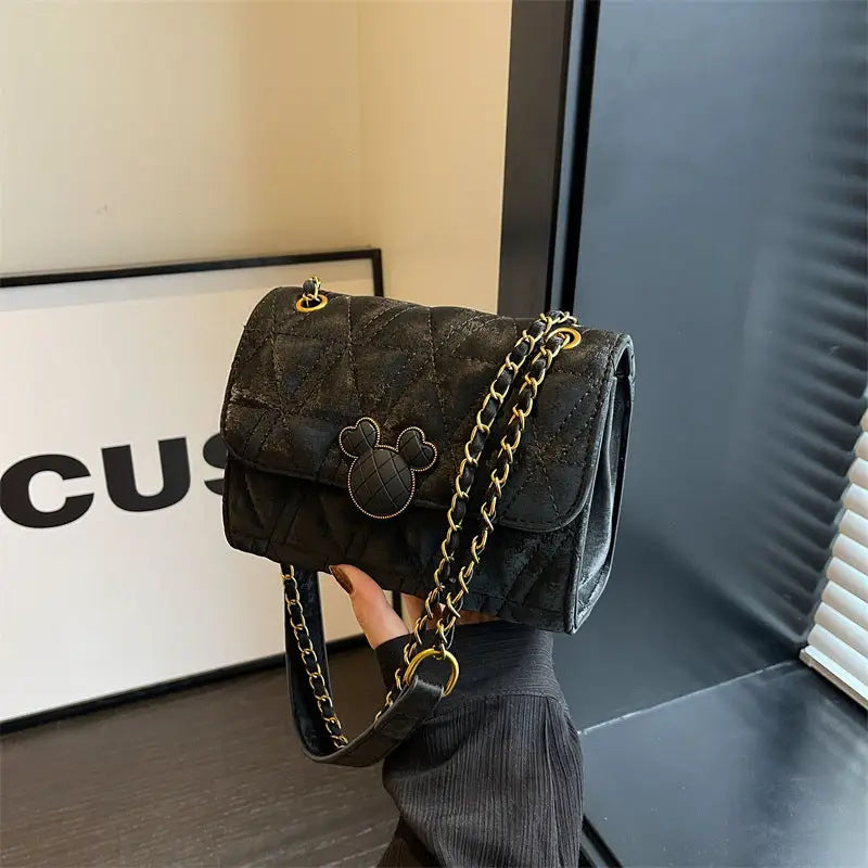PU Leather Horizontal Square Crossbody Bag with Lock and Diamond Mesh Design