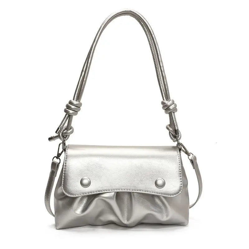 PU Leather Horizontal Suitcase Shoulder Bag with Double Strap - Silver