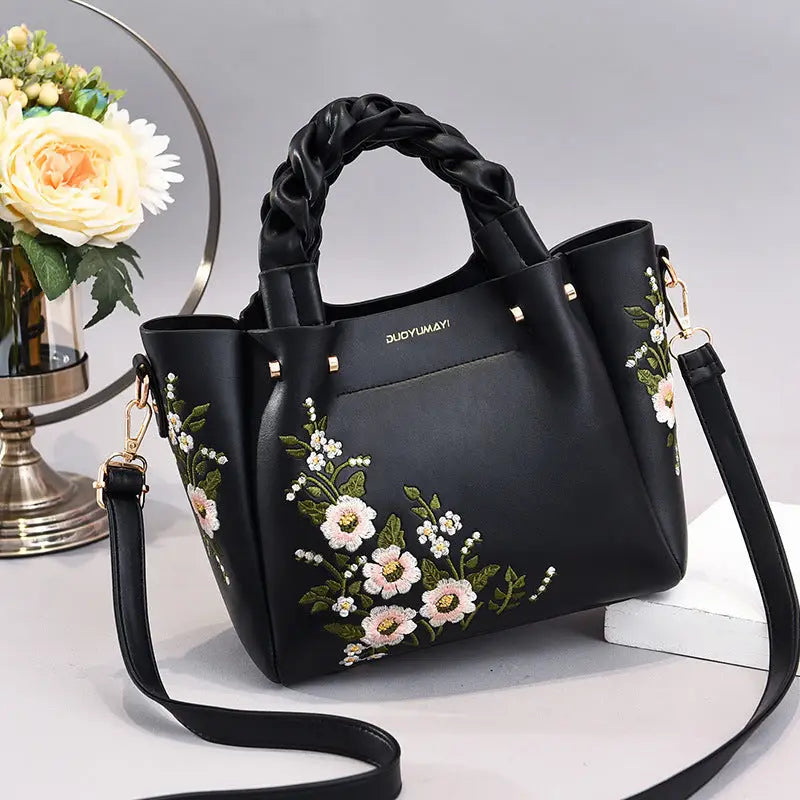 PU Leather Medium Crossbody Handbag with Drawstring Closure Black