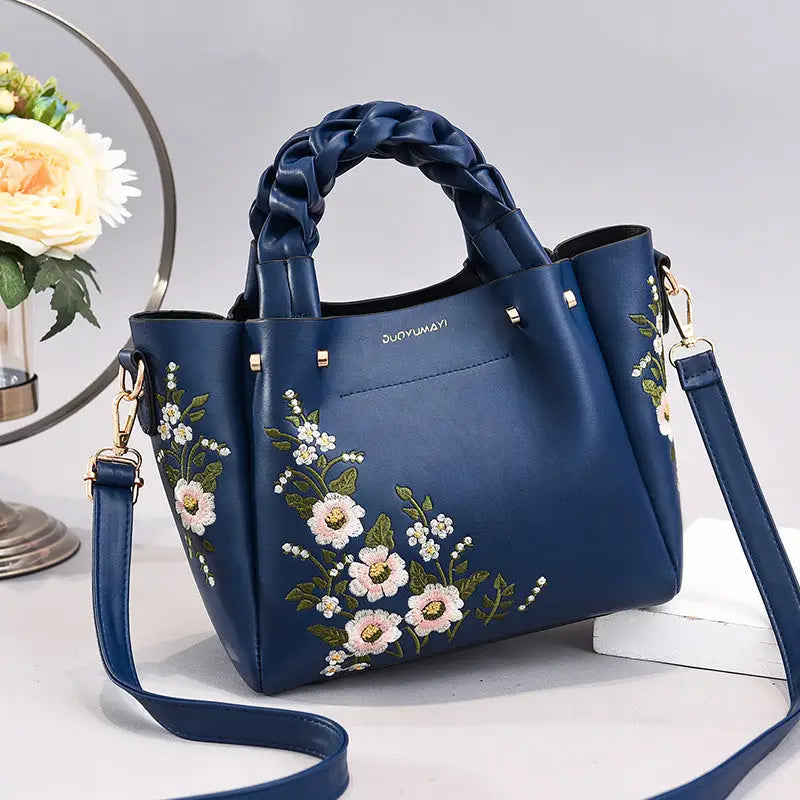 PU Leather Medium Crossbody Handbag with Drawstring Closure Blue
