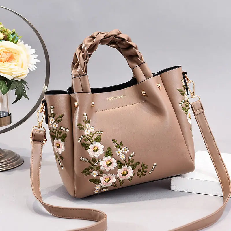 PU Leather Medium Crossbody Handbag with Drawstring Closure Khaki