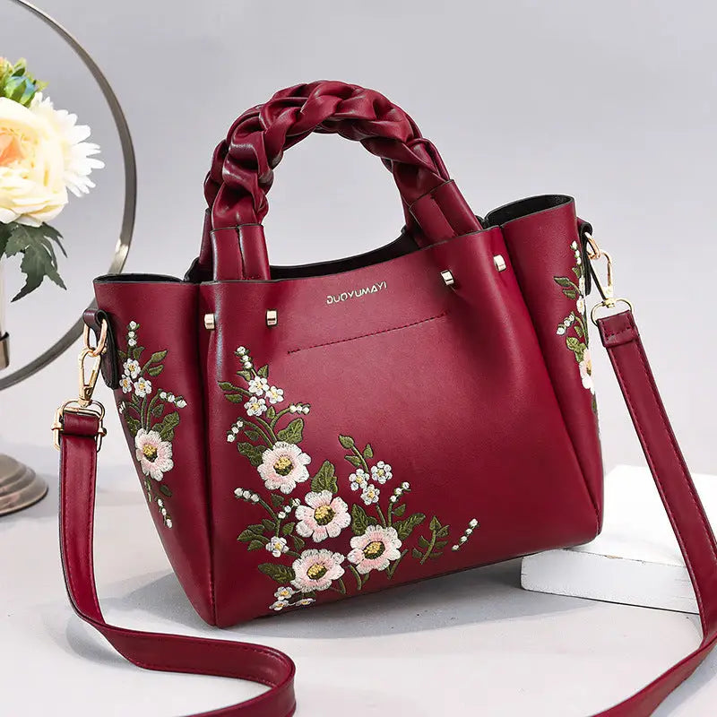 PU Leather Medium Crossbody Handbag with Drawstring Closure Wine Red