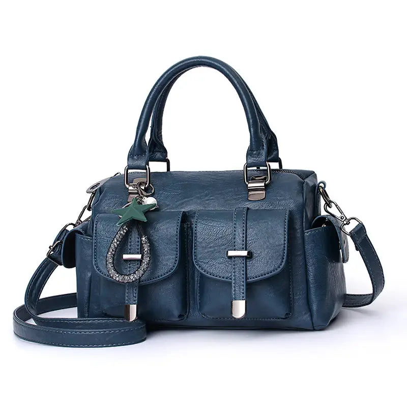 PU Leather Multi-Pocket Handbag in Multiple Colors - Blue