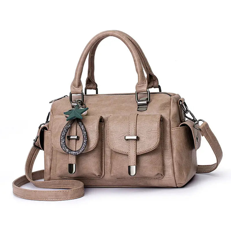 PU Leather Multi-Pocket Handbag in Multiple Colors - Khaki