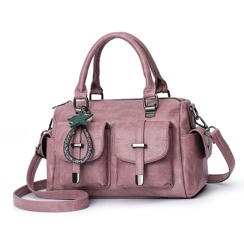 PU Leather Multi-Pocket Handbag in Multiple Colors - Pink
