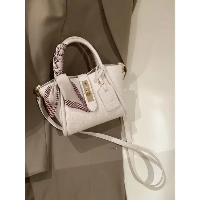 PU Litchi Pattern Shoulder Bag with Scarf and Adjustable Strap - Bag Shoulder Strap Silk Scarf