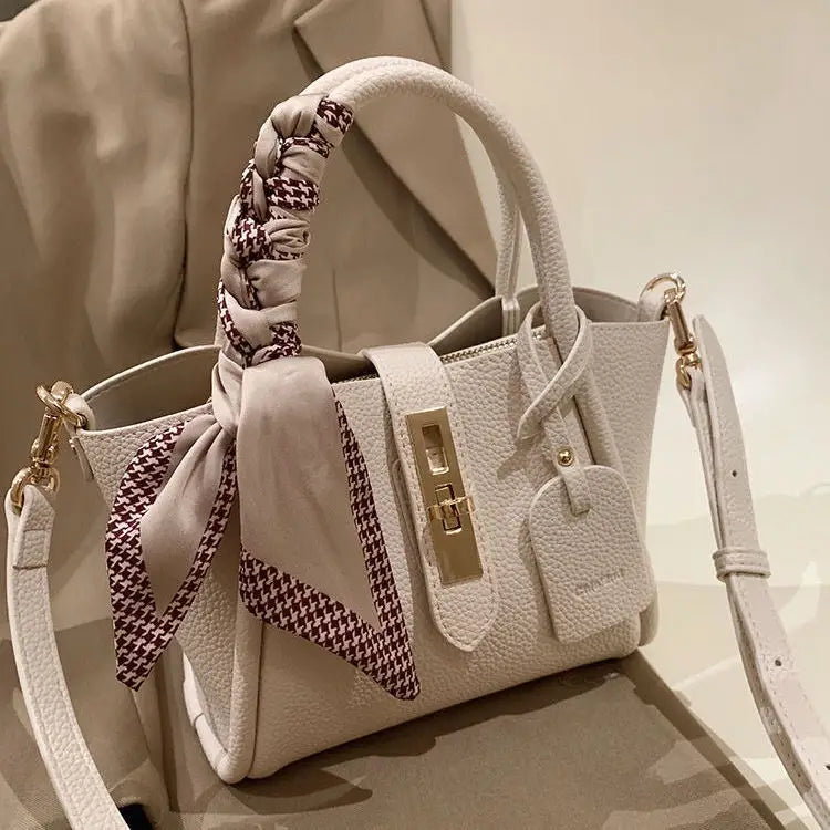 PU Litchi Pattern Shoulder Bag with Scarf and Adjustable Strap - Bag Shoulder Strap Silk Scarf