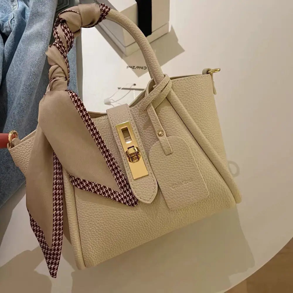 PU Litchi Pattern Shoulder Bag with Scarf and Adjustable Strap - Bag Shoulder Strap Silk Scarf
