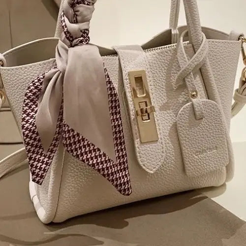 PU Litchi Pattern Shoulder Bag with Scarf and Adjustable Strap - Bag Shoulder Strap Silk Scarf