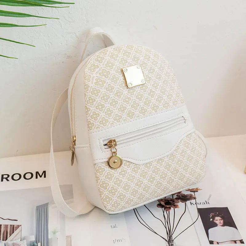 PU Printed Backpack with Sandwich Pocket and Internal File Bag - Cylinder White