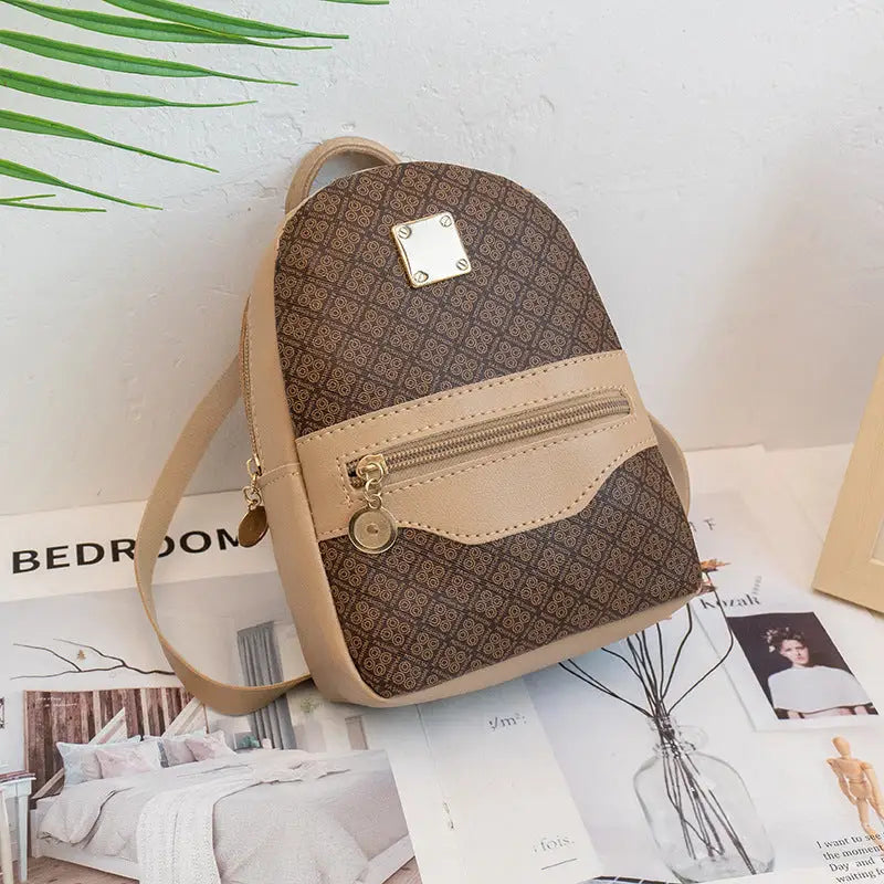 PU Printed Backpack with Sandwich Pocket and Internal File Bag - Brown