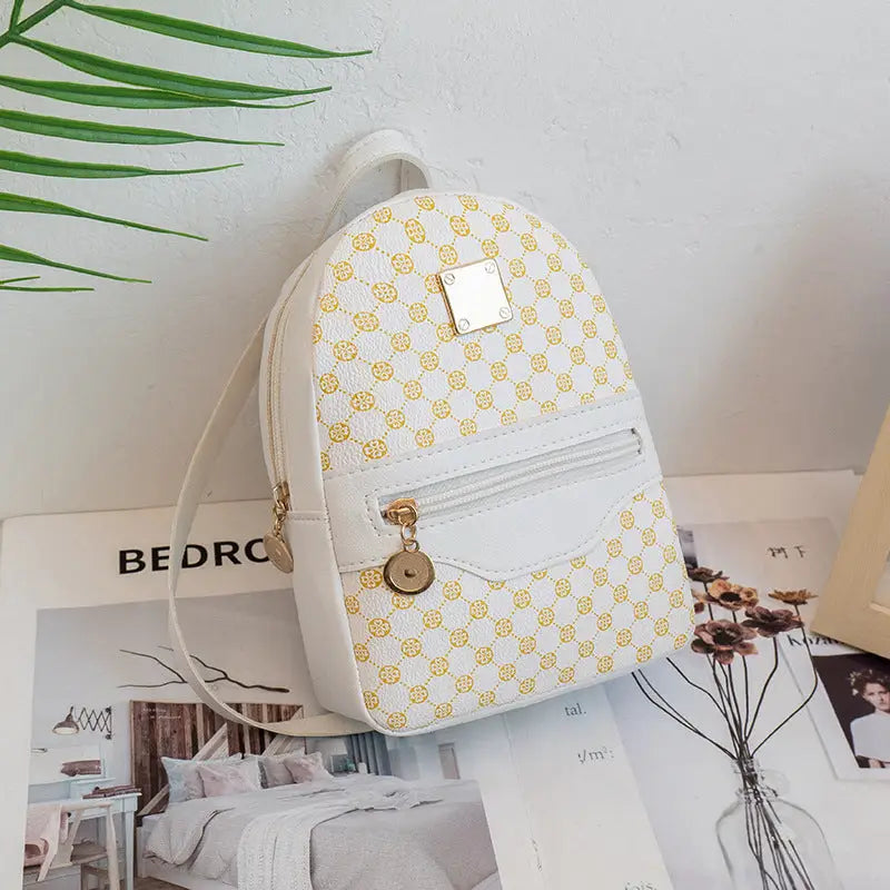 PU Printed Backpack with Sandwich Pocket and Internal File Bag - Flower White