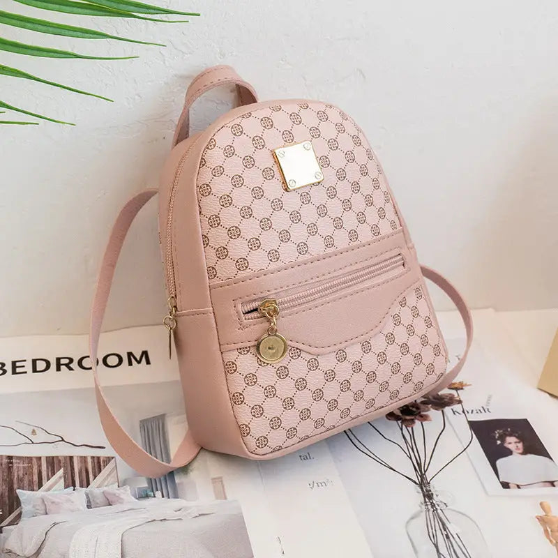 PU Printed Backpack with Sandwich Pocket and Internal File Bag - Pink