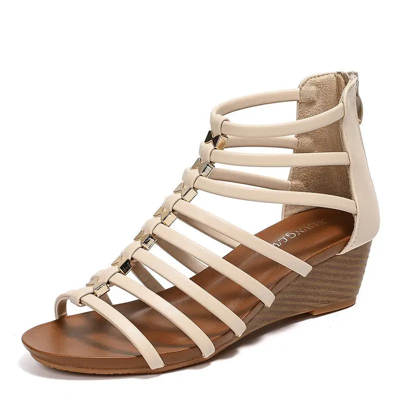 PU Round Head Sandals with Back Zipper in Multiple Colors and Sizes - Beige / 36