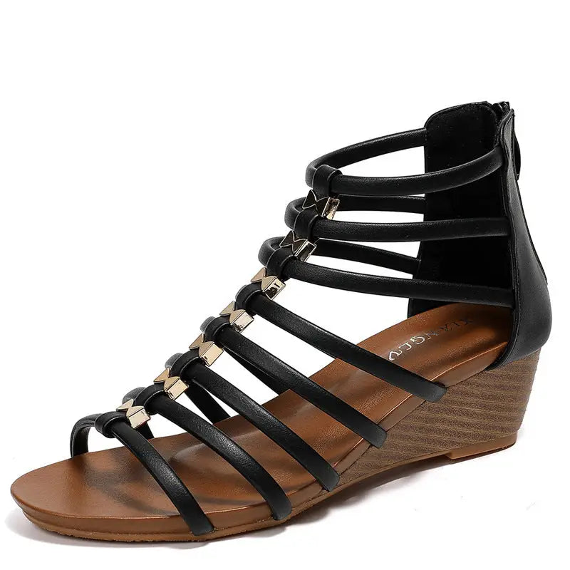 PU Round Head Sandals with Back Zipper in Multiple Colors and Sizes - Black / 36