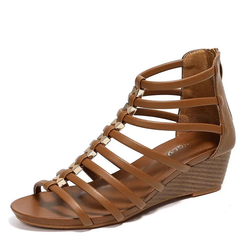 PU Round Head Sandals with Back Zipper in Multiple Colors and Sizes - Brown / 36