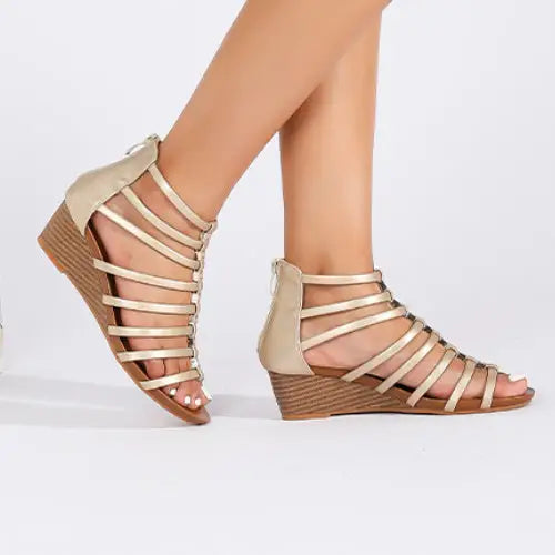 PU Round Head Sandals with Back Zipper in Multiple Colors and Sizes - Light Gold / 36