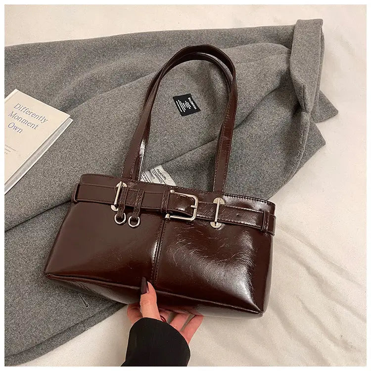 PU Shoulder Bag with Pendant and Sandwich Pocket in Multiple Colors - Brown / 32x9x16